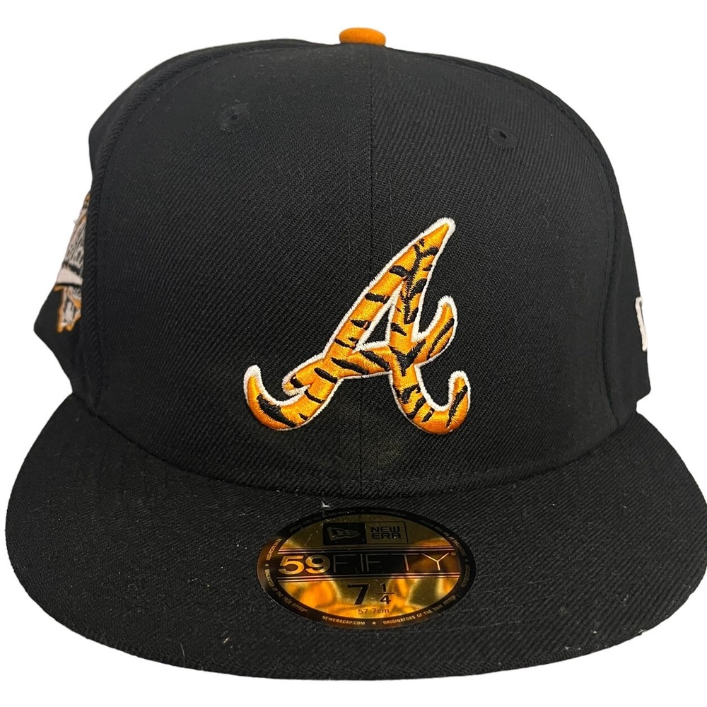 New Era Atlanta Braves 59FIFTY Tiger Fill Black Orange Fitted Cap Hat Size 7 1/4
